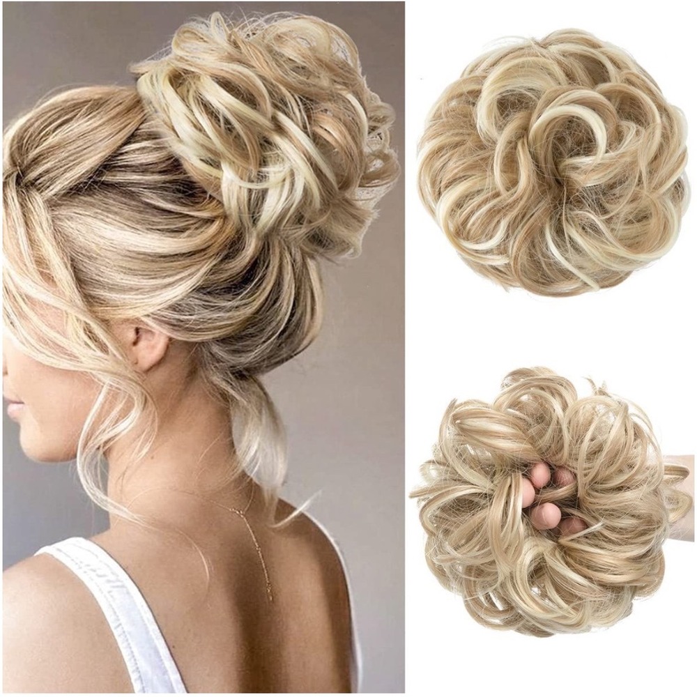 CJL HAIR Messy Bun Hair Piece Wavy Curly Scrunchie Dirty Blonde Updo Extension